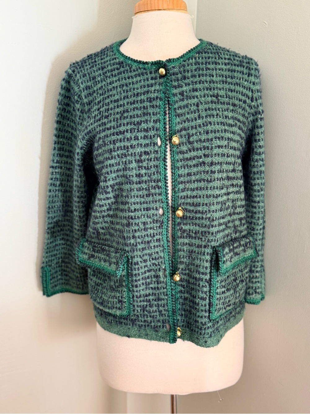 J Crew Green Tweed Knit Cardigan Jacket